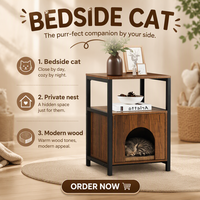 Table de chevet pour chat 3 niveaux style Mid-Century avec bac à litière dissimulé, cadre en métal noir, table de chevet en bois OEM ODM