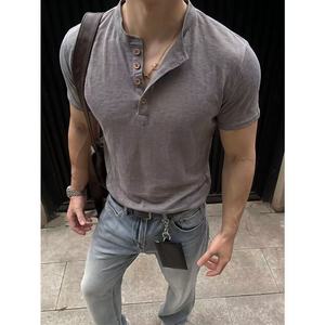 <b>Men</b> Washed <b>Henley</b> T <b>Shirt</b> Short Sleeve Fitted Tee Button Front Casual Streetwear Top - Product Image 5