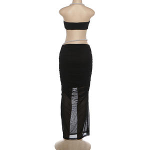 Viviblook Z0127ST15 Nouvel ensemble jupe femme avec décoration perles, crop top sexy enveloppant la poitrine et jupe taille basse, ensemble deux pièces pour femme - Product Image 4