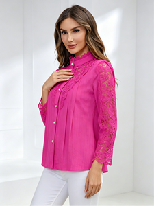 Women's Pink Lace <b>Blouse</b> Long Sleeve Mandarin Collar Button Down Elegant Spring Summer <b>Blouse</b> - Product Image 4