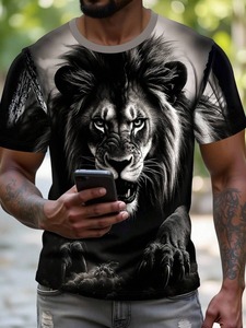 Vente directe d'usine de t-shirts pour hommes à imprimé lion cool et unique, style streetwear pour la rentrée scolaire ; personnalisation disponible. f10 - Product Image 3