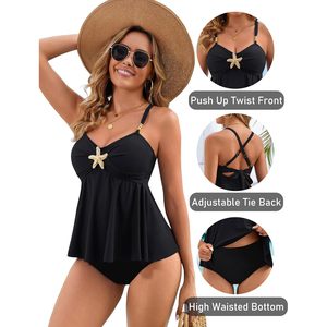 Traje de baño tankini de cintura alta para mujer, dos piezas, top con volantes y lazo en la espalda, con braga de control de abdomen, cuello halter, licra y nailon. - Product Image 4