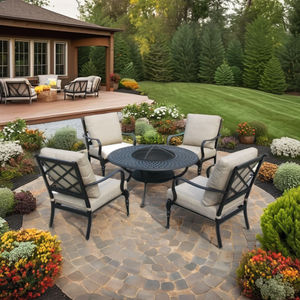 Quemador pintado de acero para jardín al aire libre de 5 piezas de lujo moderno, silla de aluminio fundido, juego de mesa para fogatas de carbón para parrillas de barbacoa al aire libre - Product Image 1