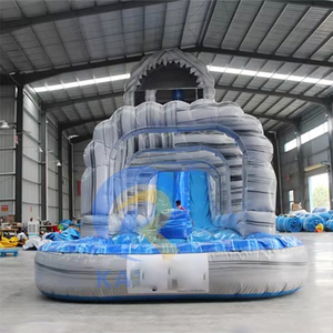 Grand toboggan aquatique gonflable en PVC commercial, palmier tropical bleu marbré, toboggans aquatiques gonflables avec piscine et arche - Product Image 6