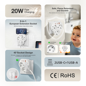 อะแดปเตอร์ปลั๊กไฟ Wontravel 3 ทาง EU PD 20W พร้อมช่องเสียบ USB และ Type C 6 in 1 - Product Image 2