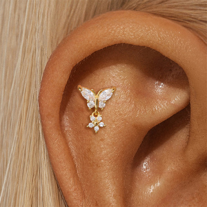Piercing de Cartílago con Forma de Mariposa y Flor, Chapado en Oro de 18K, Plata 925, Zirconia 5A, 1.2*8mm - Product Image 5