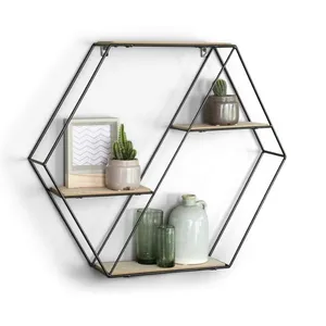 Hot Sell Hexagon Black Wooden Metal Display Hanging Shelf Storage Racks Home Decor Mounted Wall Floating Shelves