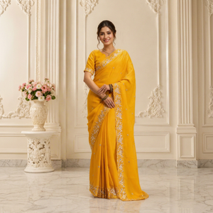 Sari en soie jaune AARA Fashion, broderie florale, tenue de mariage traditionnelle pour femmes, longueur au sol, coupe classique, style indien pakistanais - Product Image 1