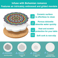 Sous-verre absorbant en dolomite en gros avec motif mandala 3D gaufré et support en liège doré, style bohème, motifs variés