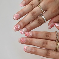 Kuku Palsu Akrilik Transparan Motif Bunga 3D Timbul Warna Nude-pink Gradasi Mutiara Titik Gelombang Air Aurora