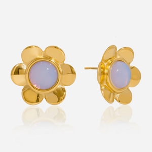 Flower <b>Stud</b> <b>Earrings</b> 18K Gold Plated Stainless Steel Opal Inlay Bezel Setting For Gift Jewelry Women Fashion Accessories - Product Image 1