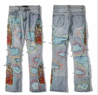 Jeans évasés déchirés pour hommes avec logo personnalisé et patch brodé lourd, fabrication OEM ODM, pantalon en denim streetwear, fabricant de vêtements personnalisés