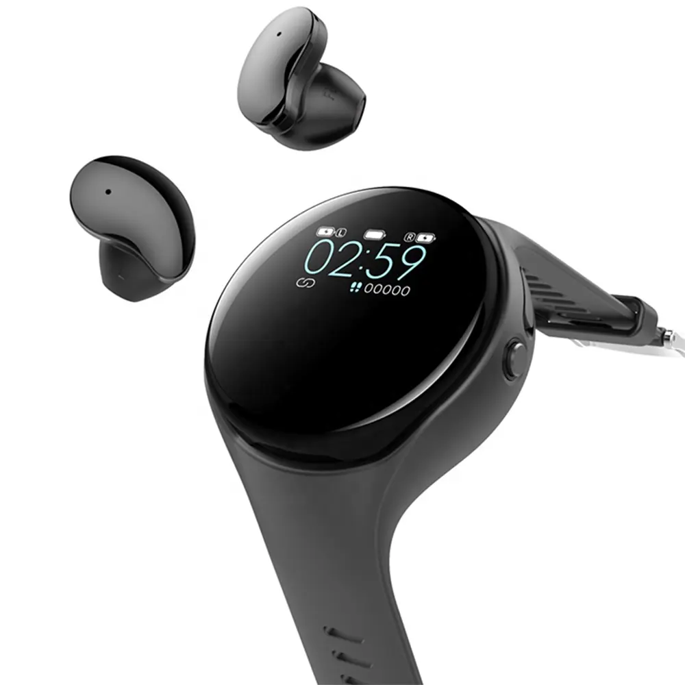 Doonjiey ספורט חכם צמיד אלחוטי אוזניות אוזניות שעון עם אוזניות TWS אוזניות MP3 נגן מד צעדים
