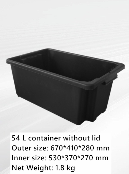 Tanque de 54L (sin tapa) medidas exteriores 67*41*28cm, medidas interiores 53*37*27cm.