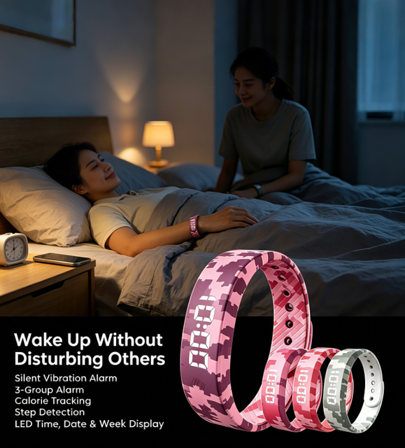 Silent Vibration Alarm LED Bracelet Silicone Step Count Calorie Tracker Time Date Display Fitness Wrist Watch for Men Women