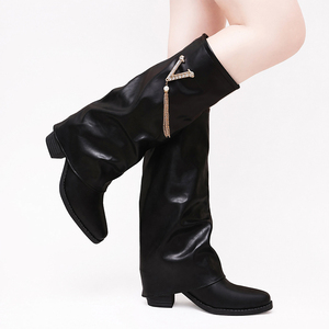 Chaussures pour femmes, nouveau style, talons hauts sexy de 6.5cm, bottes hautes jusqu'aux genoux, couleur unie, bottes longues en forme de V, strass en métal, XRui717 - Product Image 5
