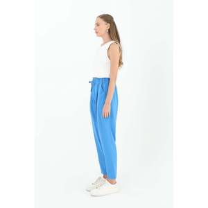 Puane Women's Blue Waist Tie Carrot Fit <b>Trousers</b> - Comfortable and Stylish High-Waisted Casual Pants for Everyday Wear - Product Image 2
