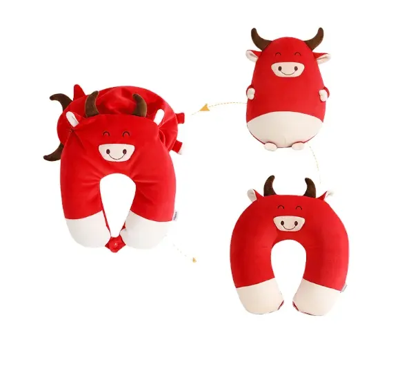 Amazon Pabrik Penjualan Laris Mainan Boneka Kustom Bentuk U Multifungsi Bentuk U Bantal Leher Hewan Mewah Bantal Sapi