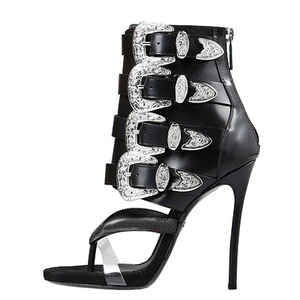 Summer Single PVC Band Clip Toe Ankle <b>Boots</b> Women Belt Metal Buckles Patchwork Short <b>Boots</b> High Heels Back Zipper Shoes - Product Image 6