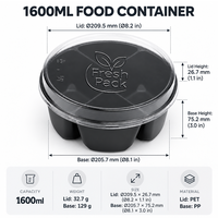 Barquette alimentaire jetable noire ronde à 4 compartiments, compatible micro-ondes, pour la préparation de repas et l'emballage de plats à emporter