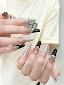 <span class=keywords><strong>Uñas</strong></span> Postizas <span class=keywords><strong>Negras</strong></span> Color Nude con Diseño de Estrella y Diamantes de Imitación, <span class=keywords><strong>Uñas</strong></span> Artificiales Elegantes Hechas a Mano para Mujer - Product Image 2