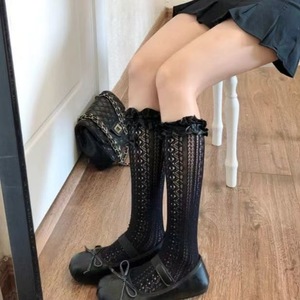 Women's Lace <b>Socks</b> Milky White Calf Length Breathable <b>Soft</b> Girl Lolita Style With Bow Trim For Spring Summer Wear - Product Image 2