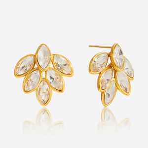 Crystal Stud <b>Earrings</b> Gold Plated Marquise Rhinestone Leaf Design Everyday Wear Bezel Setting Stainless Steel <b>Posts</b> - Product Image 1