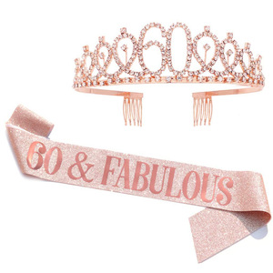 Ensemble couronne et écharpe pour 50e anniversaire, tiare en strass or rose avec écharpe scintillante pour femmes, accessoires de fête - Product Image 3