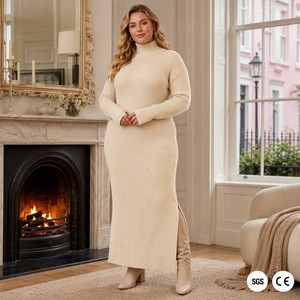 Abito da donna personalizzato Notting <span class=keywords><strong>Hill</strong></span> UK in cotone organico pesante a costine, con vita naturale, colore avena, collo alto e maniche con foro per il pollice - Product Image 1