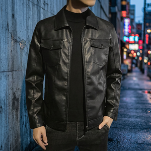 Veste en cuir PU pour homme, noire, en similicuir souple, style motard, avec col montant et poches. - Product Image 3
