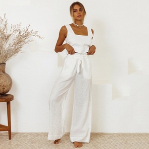 Y307002 Mujeres Casual Algodón <span class=keywords><strong>Lino</strong></span> Traje Suelto <span class=keywords><strong>Chaleco</strong></span> sin mangas y pantalones de pierna ancha Conjunto de 2 piezas Trajes de verano - Product Image 3