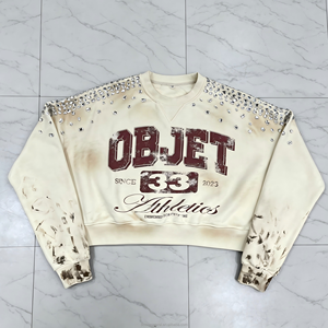 Sudadera de hombre personalizada de algodón French Terry de alto gramaje, extragrande, con estampado DTG, lavado ácido, efecto desgastado, pedrería y corte cropped, estilo vintage urbano - Product Image 2