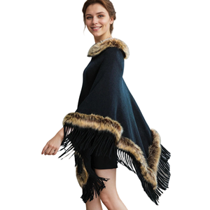 Chal de lujo para mujer con cuello de piel sintética de mapache, capa cálida y elegante con borlas, ideal para invitadas de boda y fiestas. - Product Image 4