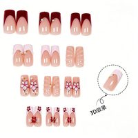 Kit de 24 faux ongles carrés en acrylique, style français contrastant, avec perles 3D ondulées et diamants, couverture complète, vente en gros, pour nail art
