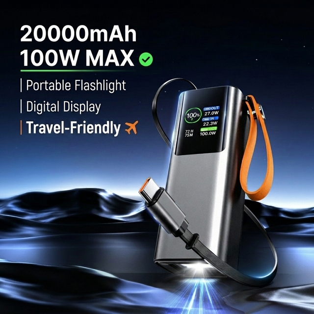 20000mAh 100W Power Bank Portable Flashlight Battery Pack Digital Display Mobile Charging Bank Power Station Retractable Cable