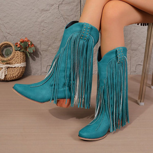 Botas vaqueras de mujer estilo western, de invierno, a media pantorrilla, con punta puntiaguda, remaches, borlas, tacón cuadrado, suela de goma, botas altas hasta la rodilla - Product Image 1