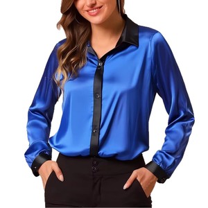 Camisa de manga larga de poliéster satinado con cuello en V y botones para mujer, color liso, estilo otoñal y adorable - ¡Superventas para plataformas independientes! - Product Image 5