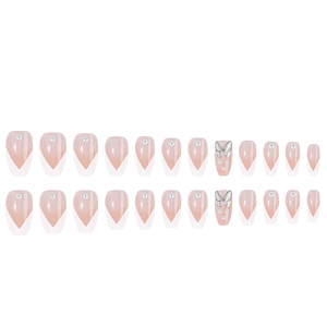 24 Pezzi Unghie Finte Lunghe a Stiletto/Coffin, Nude French, con Strass a Farfalla in Cristallo, Riutilizzabili in ABS - Product Image 2