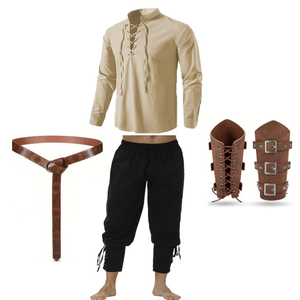 4Pcs/set Halloween Vintage Men's Renaissance Costume Set Medieval Pirate Shirt Ankle Banded Pants Belt Accessories <strong>Outfit</strong> - Product Image 4