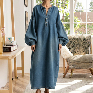 Loose Denim Maxi Dress V-neck Lantern Sleeves Solid Color Casual Eco-Friendly ODM Breathable Natural Waist Spring - Product Image 3