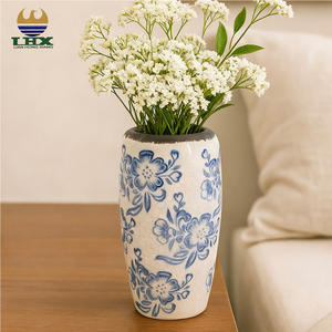 파란색과 흰색 세라믹 꽃병 세트, 가정 장식을 위한 크고 작은 크랙 글레이즈 Chinoiserie 꽃 도자기 꽃병 - Product Image 1