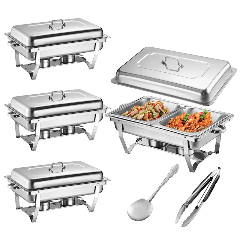 4er Pack 8L Chafing Dish Buffet Set, Edelstahl Food Warmer Set, rechteckiger Buffet Server mit Zangen und Löffeln für Partys