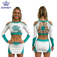 Uniforme de cheerleading personnalisé blanc avec strass, ensemble deux pièces (haut court et jupe) avec découpe en forme de pomme au dos, manches longues pour la compétition