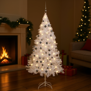 Árbol de Navidad Artificial de PVC Blanco de 59.1 Pulgadas Preiluminado con Juego de Bolas, Luces LED Cálidas, Base para Interior - Product Image 2