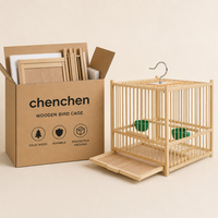 Cage à oiseaux en bois naturel avec perchoir et bols, plateau inférieur amovible, nettoyage facile, cage suspendue au plafond pour petits oiseaux