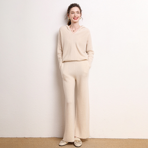 <span class=keywords><strong>Ensemble</strong></span> sweat à capuche et pantalon en cachemire et laine mérinos de luxe, couleur marron, pour <span class=keywords><strong>femme</strong></span>, fabriqué en usine OEM, faible MOQ, haute qualité, style automne - Product Image 4