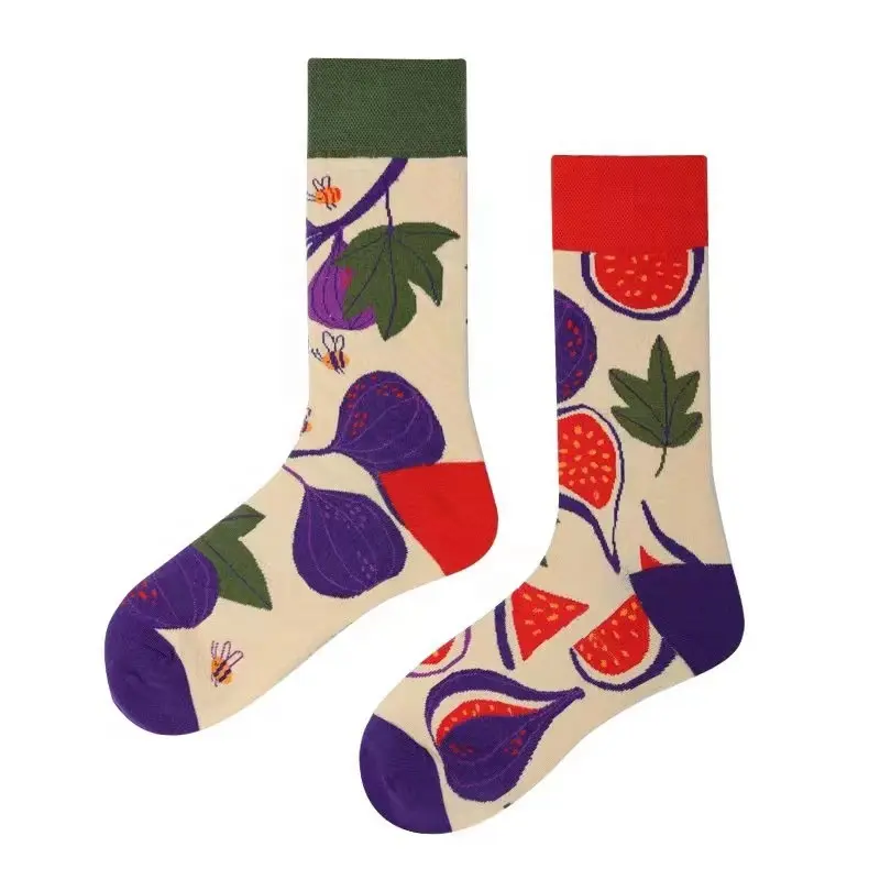 colorful bold design-forward socks women's hosiery fig fruit patterned novelty cotton AB mismatched socks