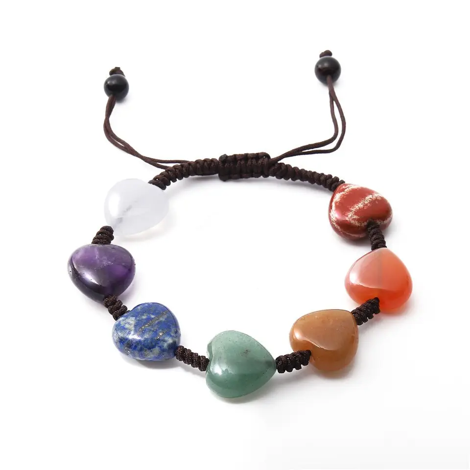 Wollet pulseira de pedra natural, atacado de pedra natural colorida, corda para as mãos, coração feminino agate 7 chakra