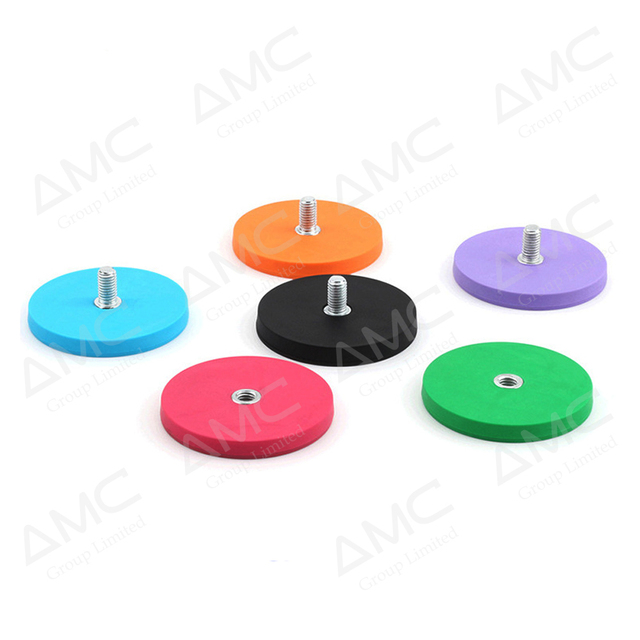 Strong Magnetic Heavy Duty Black Rubber Coated Pot Neodymium Magnet Base with Threaded Screw