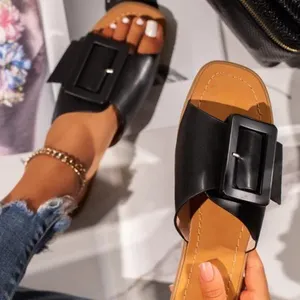 J & H moda verão mulheres cinta quadrada fivela chinelos cinto prendedor slides couro PU sandálias casual wear